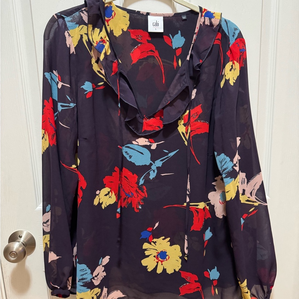 CAbi Red and Yellow Ruffled Long Sleeve Blouse